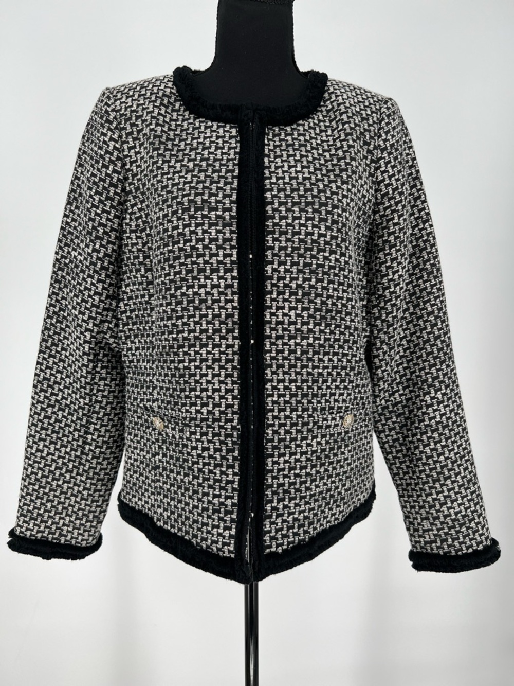 Karl‎ Lagerfeld Paris  Black & White Tweed Collarless Jacket